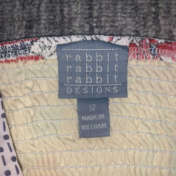 Rabbit Rabbit Rabbit Womens 12 Midi Dress Yellow Blue Smocked‎ Bodice Hanky Hem - Picture 4 of 8